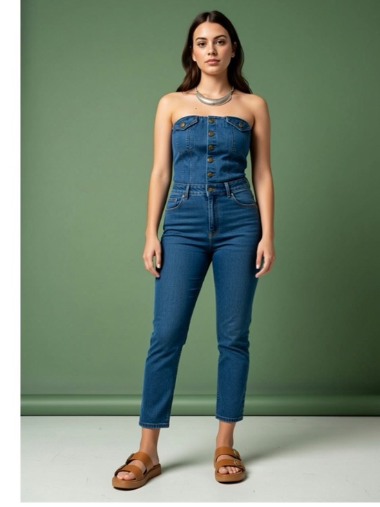Strapless High-Rise Denim Jumpsuit in Blue - Picture 16 of 16